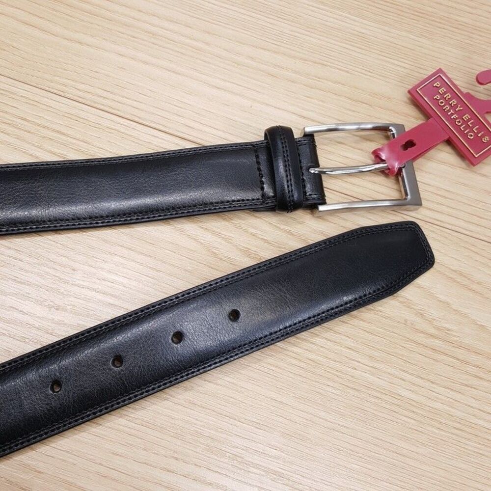 PERRY ELLIS Belt Mens Size 30 32 Black Bonded Leather Silver Buckle